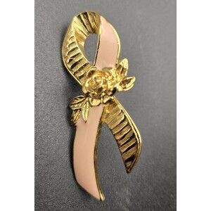 VINTAGE BROOCH SIGNED AVON GOLD PIN 2" ENAMEL BREAST CANCER RIBBON